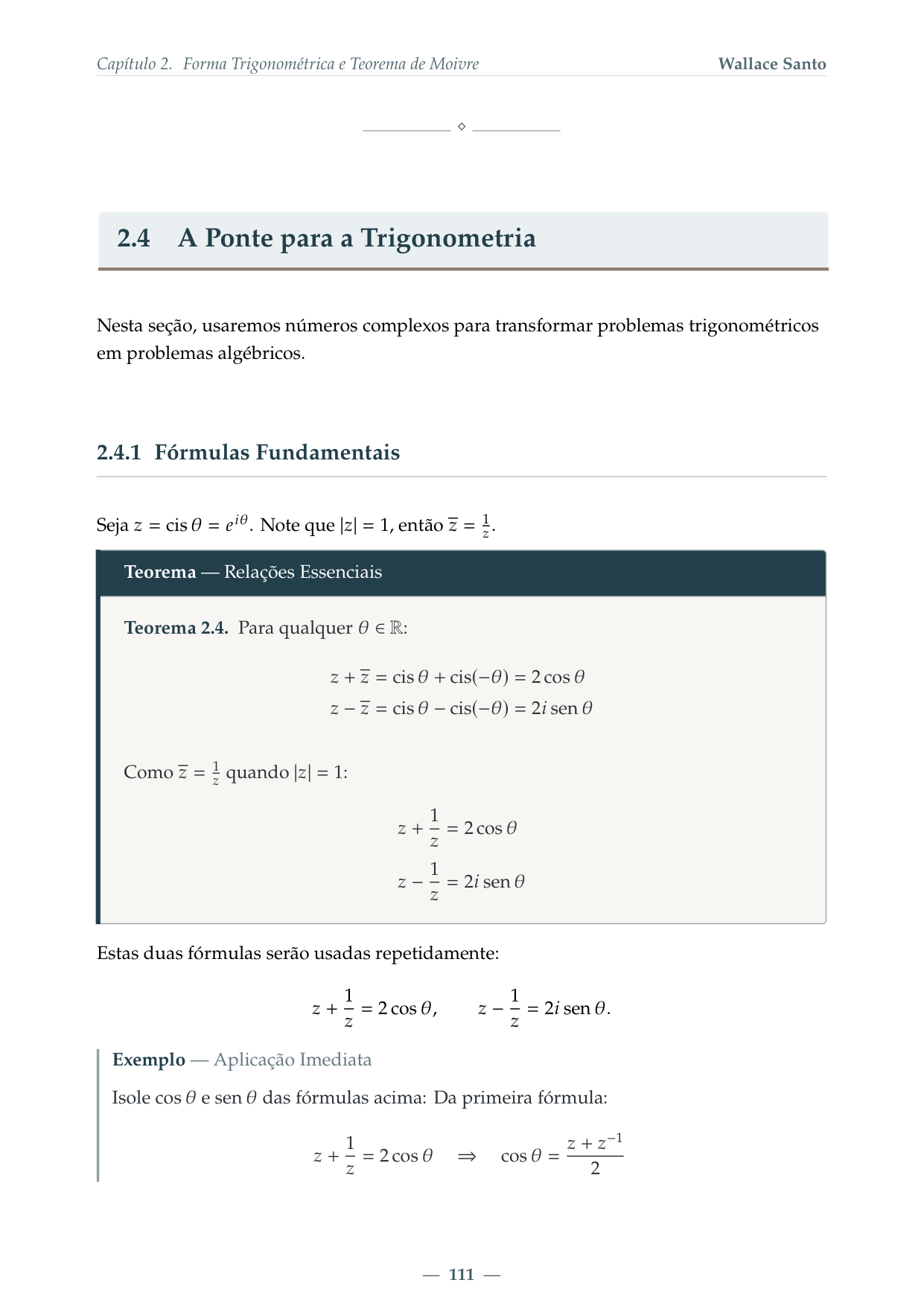 Página do livro sobre a ponte entre números complexos e trigonometria