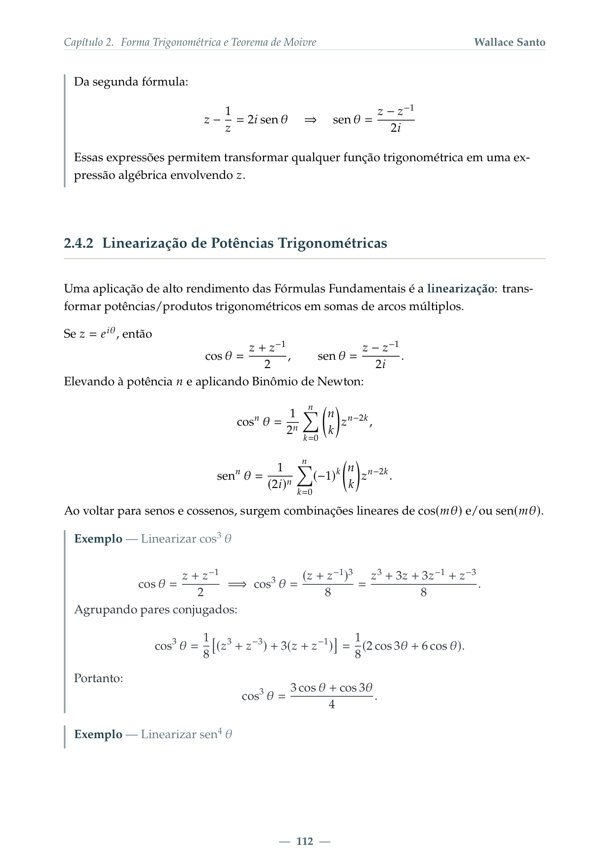 Página do livro com identidades trigonométricas avançadas por números complexos
